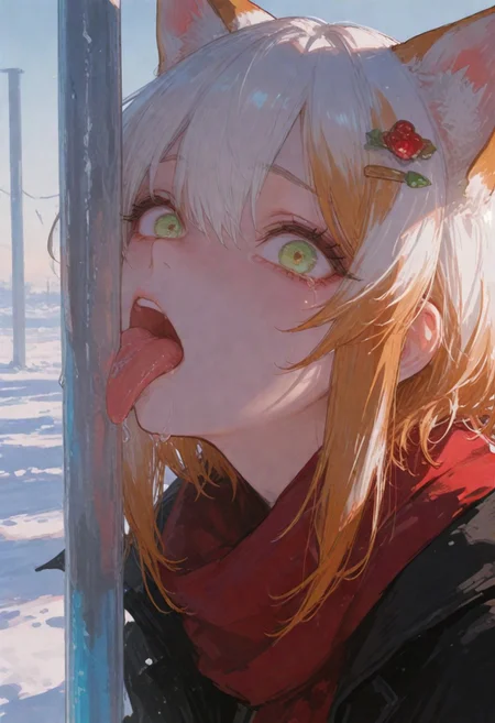 score_9, score_8_up, score_7_up,masterpiece, best quality, very aesthetic, high resolution, ultra-detailed, absurdres, newest, luminous lighting, 1girl, solo, (calico ears), two-tone hair, gradient hair, (white hair), medium hair, (orange hair tips), (long sidelocks:1.2), green eyes, yellow eyes, multicolored eyes, gradient eyes, (red berry hairpin:1.1), red scarf, black coat, raised eyebrows, wide-eyed, despair, (tears), open mouth, tongue out, (tongue stuck frozen), frozen tongue tip,(licking metal pole:1.2), (looking at viewer:1.2), close-up, glint, steam, daylight, sunlight, winter, snow, vivid colors,