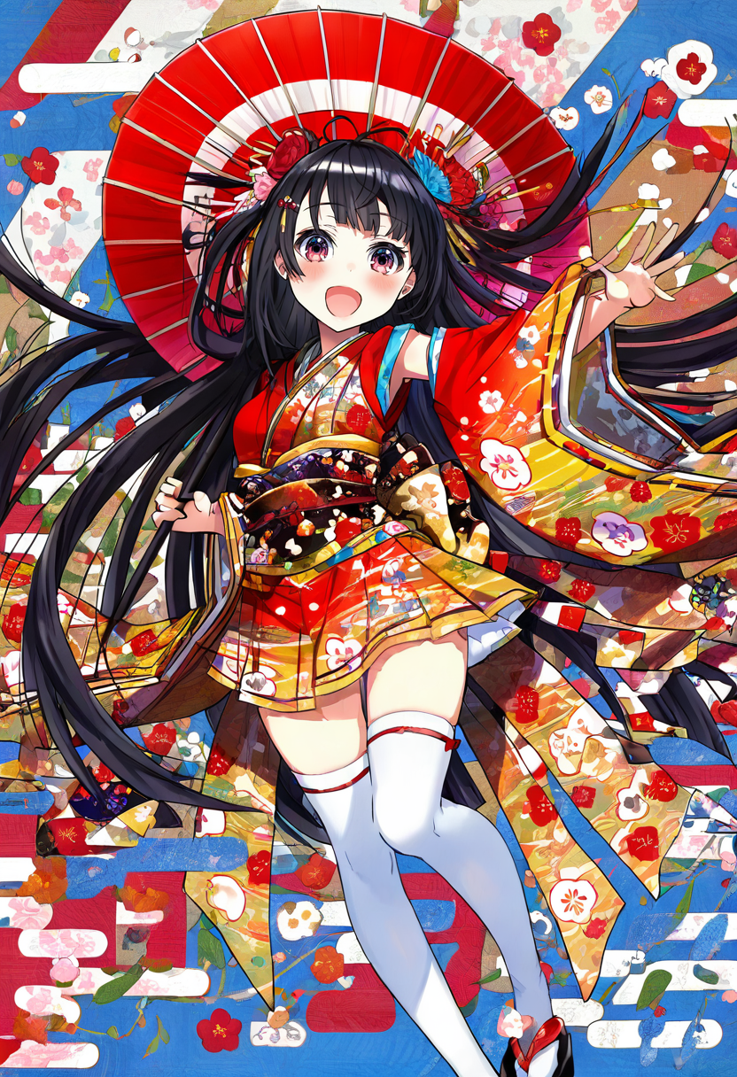 1girl, solo, thighhighs, black hair, japanese clothes, kimono, long hair, open mouth, smile, white thighhighs, flower, umbrella, sash, wide sleeves, obi, floral print, :d, looking at viewer, very long hair, blush, hair ornament, bangs, red flower, print kimono, oil-paper umbrella, long sleeves, holding <lora:mikaXL_NBVP1_lokr_V6311PZ:0.95>
