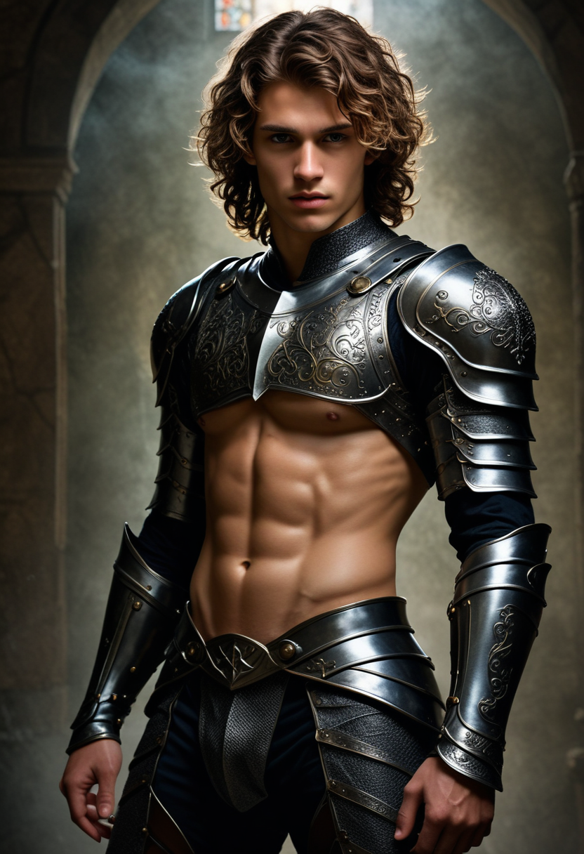 a dramatic fantasy portrait of an epic rough 21yo man knight, medium length  wavy hair, intricately detailed, iliac lines, slim thighs, perfect eyes, chiaroscuro, <lora:sdxl_lightning_8step_lora:1>