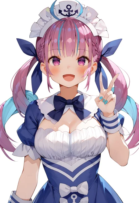 score_9, score_8_up, score_7_up BREAK
source_anime, rating_safe, gaoustyle, simple background, v, looking at viewer, blush, smile, :d, open mouth, solo, 1girl, holoaqua, virtual youtuber, multicolored hair, colored inner hair, ribbon, purple hair, blue hair, blue dress, anchor symbol, maid headdress, long hair, purple eyes, ahoge, braid, drill hair, twintails, hair ribbon, ribbon, bow, short sleeves, bowtie, wrist cuffs, cleavage, fingernails <lora:gaou_style_pxl_v3:0.9>