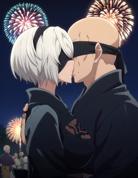 score_9, score_8_up, score_7_up, source_anime, <lora:2b-s1-ponyxl-lora-nochekaiser:1>, 2b, yorha no. 2 type b, short hair, white hair, hairband, mole, black hairband, mole under mouth, blindfold, black blindfold, large breasts, anime screencap, <lora:fireworks-kiss-ponyxl-lora-nochekaiser:1>, fireworks kiss, kiss, hetero, outdoors, japanese clothes, kimono, sash, night, floral print, couple, kiss, night sky, yukata, fireworks, aerial fireworks, <lora:faceless-ugly-man-ponyxl-lora-nochekaiser:1>, faceless ugly man, faceless, ugly man, fat, faceless male, fat, bald, mature male,,