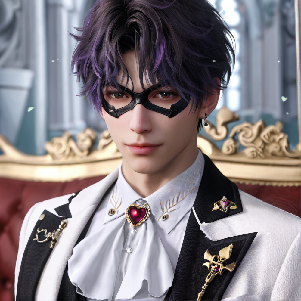 1boy,purple hair,black eyebrows,brown eyes,earring,(black domino mask:1.1),white jacket,(black patterns:1.1),grey vest,white ascot,heart pattern,white shirt,lapel pin,white pants,depth of field,gorgeous background,formal,indoors,looking at viewer,male focus,solo,masterpiece,best quality,high quality,detailed hair,detailed face,detailed skin,realistic,<lora:L&DsRafayel(ZQ)_v1.0:0.5>,