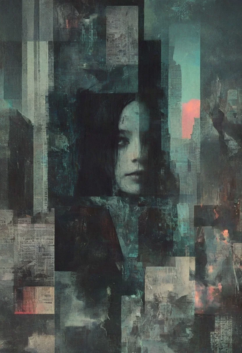 abstract collage art, neo-noir film aesthetic, six distinct collages, central figure—a mysterious woman in dramatic lighting, deep shadows, and vibrant neon highlights, fragmented cityscapes with towering skyscrapers, vintage film reels unraveling, shattered mirrors reflecting distorted faces, glowing cigarette embers in the dark, surreal clock faces melting into the composition, neon signs flickering cryptic messages, scattered newspaper clippings with unreadable headlines, torn fabric textures blending seamlessly, rich chiaroscuro contrast, cinematic grain, layered depth, dreamlike atmosphere, HD, high-resolution, masterpiece, award-winning. nvcmsdx