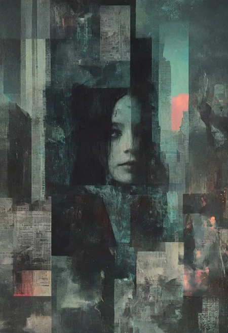 abstract collage art, neo-noir film aesthetic, six distinct collages, central figure—a mysterious woman in dramatic lighting, deep shadows, and vibrant neon highlights, fragmented cityscapes with towering skyscrapers, vintage film reels unraveling, shattered mirrors reflecting distorted faces, glowing cigarette embers in the dark, surreal clock faces melting into the composition, neon signs flickering cryptic messages, scattered newspaper clippings with unreadable headlines, torn fabric textures blending seamlessly, rich chiaroscuro contrast, cinematic grain, layered depth, dreamlike atmosphere, HD, high-resolution, masterpiece, award-winning. nvcmsdx