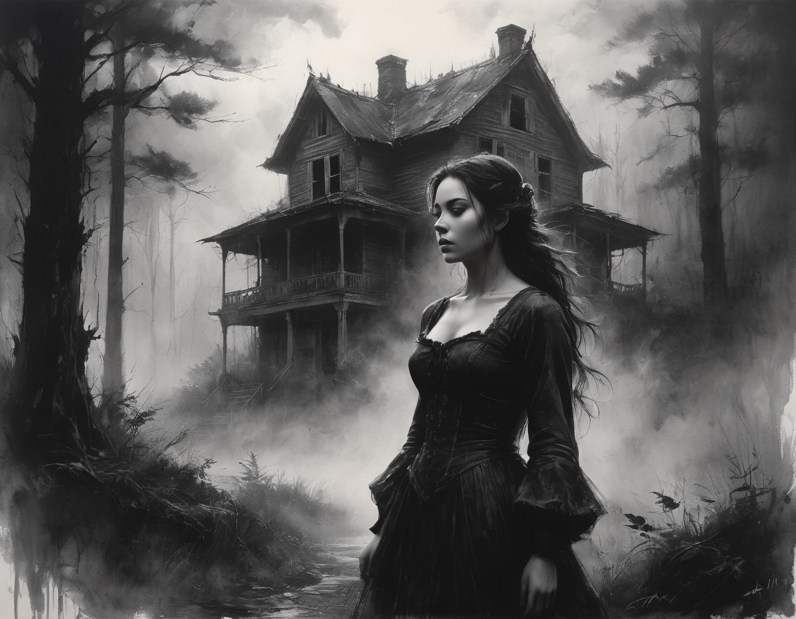 Charcoal drawing, crayons, black pencil drawing, pencil drawing, black and white drawing, graphite drawing, Poster âTwilight was falling, and the girl stood on the edge of the forest, looking at an old abandoned house, shrouded in a mysterious fog. Her dress fluttered slightly in the wind, and the light from behind the clouds softly illuminated her figure, creating a black silhouette of her figure, creating an atmosphere of anticipation and anxiety. Dark shadows hid in the distance among the trees, adding a sense of the unknown and mystical awaiting her in this forgotten place. What secrets does this house hide? painting in the style of artists such as Russ Mills, Sakimichan, Vlop, Leush, Artgerm, Darek Zabrocki and Jean-Baptiste Monge