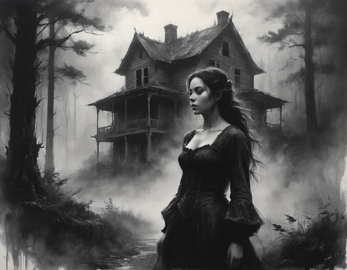Charcoal drawing, crayons, black pencil drawing, pencil drawing, black and white drawing, graphite drawing, Poster âTwilight was falling, and the girl stood on the edge of the forest, looking at an old abandoned house, shrouded in a mysterious fog. Her dress fluttered slightly in the wind, and the light from behind the clouds softly illuminated her figure, creating a black silhouette of her figure, creating an atmosphere of anticipation and anxiety. Dark shadows hid in the distance among the trees, adding a sense of the unknown and mystical awaiting her in this forgotten place. What secrets does this house hide? painting in the style of artists such as Russ Mills, Sakimichan, Vlop, Leush, Artgerm, Darek Zabrocki and Jean-Baptiste Monge