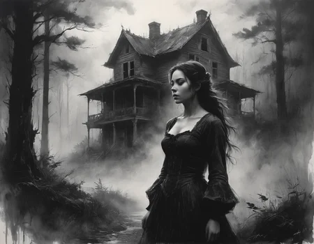 Charcoal drawing, crayons, black pencil drawing, pencil drawing, black and white drawing, graphite drawing, Poster âTwilight was falling, and the girl stood on the edge of the forest, looking at an old abandoned house, shrouded in a mysterious fog. Her dress fluttered slightly in the wind, and the light from behind the clouds softly illuminated her figure, creating a black silhouette of her figure, creating an atmosphere of anticipation and anxiety. Dark shadows hid in the distance among the trees, adding a sense of the unknown and mystical awaiting her in this forgotten place. What secrets does this house hide? painting in the style of artists such as Russ Mills, Sakimichan, Vlop, Leush, Artgerm, Darek Zabrocki and Jean-Baptiste Monge