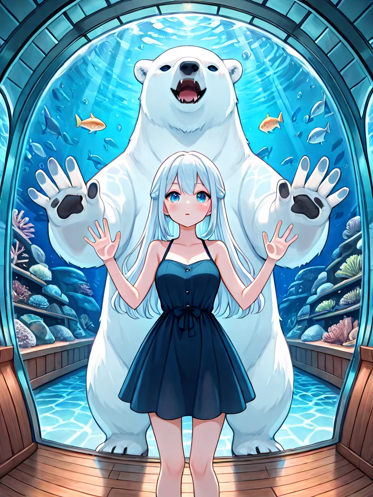 absurdres, explicit, aquarium tunnel, aquarium, polar bear, gigantic animal, underwater, hands on glass, 1girl, short dress, window, reflection, hallway, wooden floor, upper body, <lora:girllikedolphinunderwater_ilxl:0.8>
