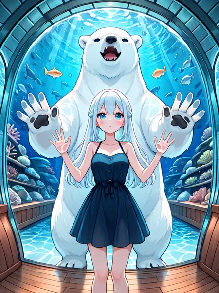 absurdres, explicit, aquarium tunnel, aquarium, polar bear, gigantic animal, underwater, hands on glass, 1girl, short dress, window, reflection, hallway, wooden floor, upper body, <lora:girllikedolphinunderwater_ilxl:0.8>