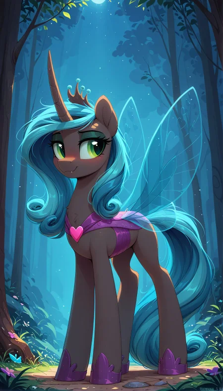 resolution,masterpiece,high resolution,my little pony,friendship is magic resolution,masterpiece,high resolution,solo,wild,pony,
female Changelings Reversalis, pony, black body, green eyes with slit pupils, she has a long turquoise mane with curled ends. She has a sharp black horn, holey sail-like wings with a pattern of hearts on the edges, TRANSPARENT BUTTERFLY WINGS,<lora:Reversalis44:1>,