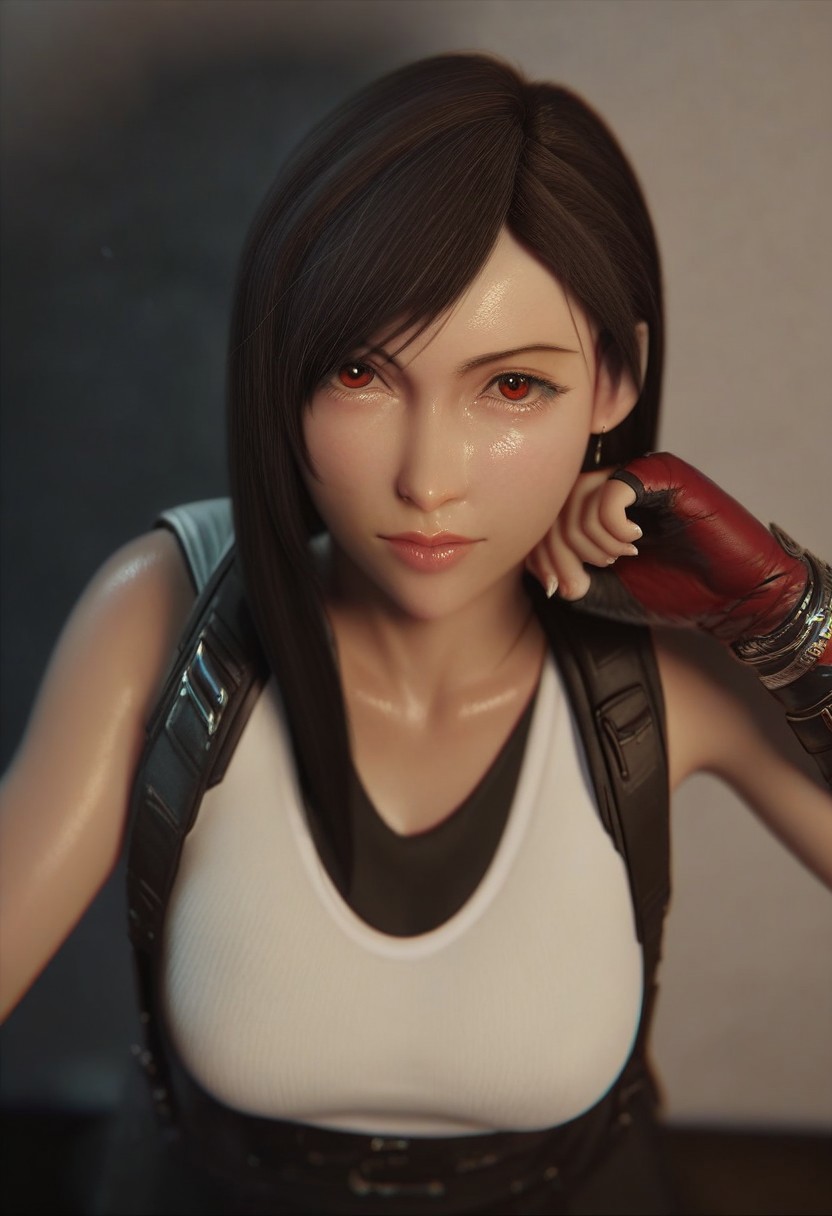 score_9, score_8_up, score_7_up, Rating_safe, Realistic, tifa lockhart, 1girl, red eyes, swept bangs, long hair, black hair, large breasts, white shirt, sleeveless, black skirt, red fingerless gloves,