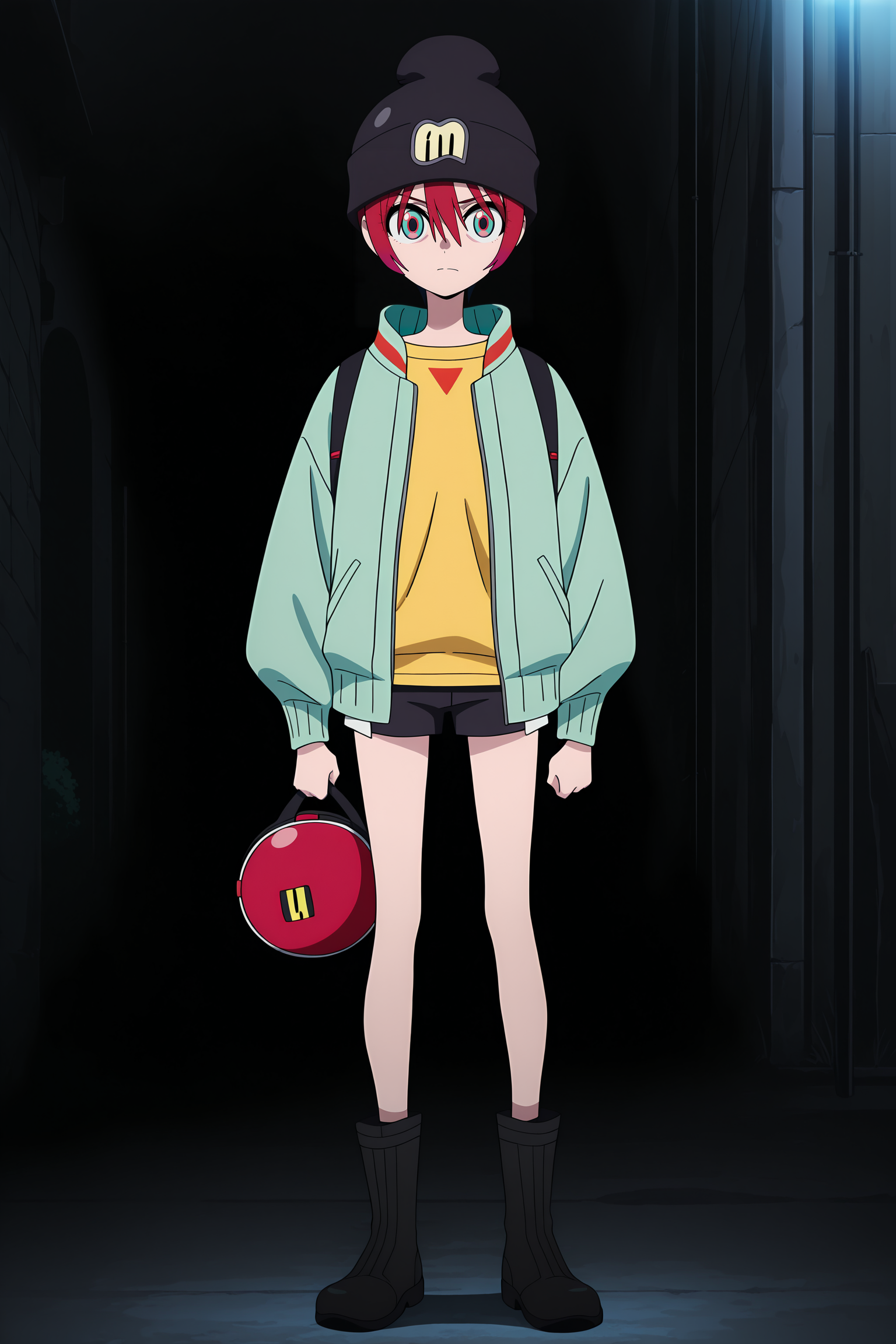volumetric lighting, official style, amazing quality, ultra detailed, highres, detailed background, anime screenshot, anime screencap, anime coloring, masterpiece, detailed face,1girl  <lora:Amate_Yuzuriha__:1>Amate_Yuzuriha, multicolored eyes, solo, bag, short hair, black footwear, shirt, boots, jacket, shorts, black shorts, hat, red hair, helmet, long sleeves, standing, backpack, full body, open clothes, black headwear, yellow shirt, outdoors, closed mouth, shoulder bag, open jacket, holding, bangs, green jacket