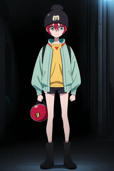 volumetric lighting, official style, amazing quality, ultra detailed, highres, detailed background, anime screenshot, anime screencap, anime coloring, masterpiece, detailed face,1girl <lora:Amate_Yuzuriha__:1>Amate_Yuzuriha, multicolored eyes, solo, bag, short hair, black footwear, shirt, boots, jacket, shorts, black shorts, hat, red hair, helmet, long sleeves, standing, backpack, full body, open clothes, black headwear, yellow shirt, outdoors, closed mouth, shoulder bag, open jacket, holding, bangs, green jacket