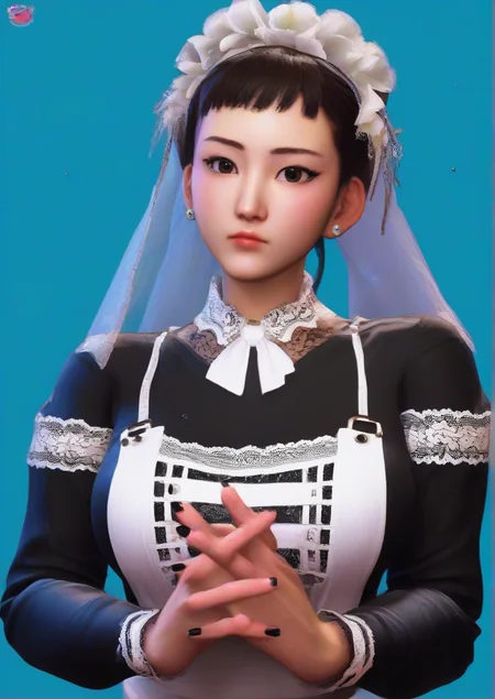 1girl, score_9, score_8_up, score_7_up, score_6_up, score_5_up, score_4_up, realistic, huge breast, 3d, , apron, beads, black nails, black sleeves, black veil, blue background, bow, bowtie, cloud, copyright notice, english text, flower, hair beads, hair bow, hair flower, hair ornament, interlocked fingers, jewelry, juliet sleeves, korean text, lace-trimmed apron, lace trim, light blush, light frown, long sleeves, looking at viewer, mixed-language text, nail polish, own hands together, puffy sleeves, sample watermark, solo, stud earrings, two-sided veil, upper body, veil, water drop, weibo logo, weibo watermark, white apron, white bow, white bowtie, white flower, white veil,  zPDXL3,<lora:Street_Fighter_6:1>