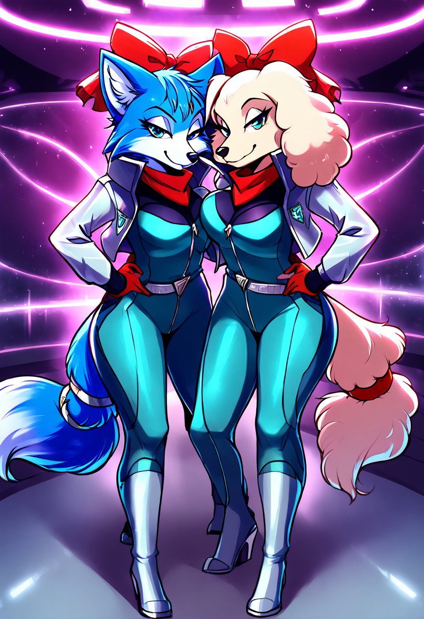 score_9, score_8_up, score_7_up, score_6_up, highest quality, detailed, great lighting, beautiful, masterpiece, 4k, clean, crisp, cinematic, 2girls, duo,
BREAK
Krystal_StarFox, anthro fox, fox girl. blue fur, white muzzle, blue hair, blue jumpsuit,
BREAK
Fay sinclair, anthro poodle, cocker spaniel, dog girl, white fur, furry ears, teal jumpsuit, red neckerchief,
BREAK
embrace, hug, standing, anthro, curvy, clothed, open jacket, looking at viewer, bedroom eyes, seductive look, side by side, smile, equal height