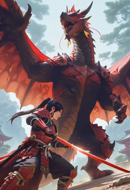 zPDXL3,highres,absurdres,masterpiece,masterpiece,best quality,amazing quality,very aesthetic,newest,scenery,volumetric lighting,photorealistic,1girl, long hair, black hair,ponytail, multicolored hair, tassel earring,mizutsune armor ,Dutch angle,action pose,holding katana,pink katana,fighting stance,bosstyle, fighting,she fighting pose,from below,view from below
BREAK,1other, red dragon, rathalos,