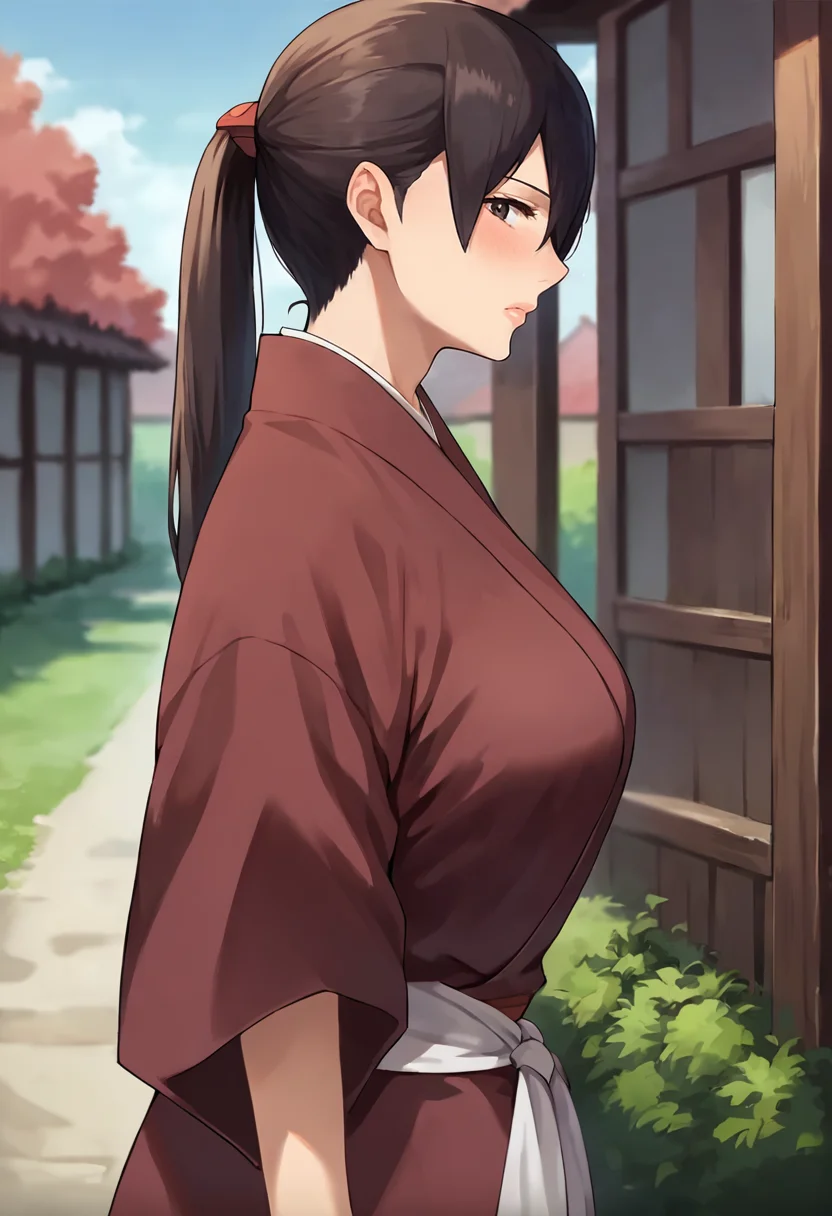 score_9, score_8_up, score_7_up, masterpiece, source_anime, 1girl, solo, ct_balsa, large breasts, ponytail, japanese clothes, sash, sleeves past elbows, cowboy shot, looking at viewer, outdoors, depth of field, sunny, from side, profile, blush,<lora:BalsaYonsa_Pony_ct:1>