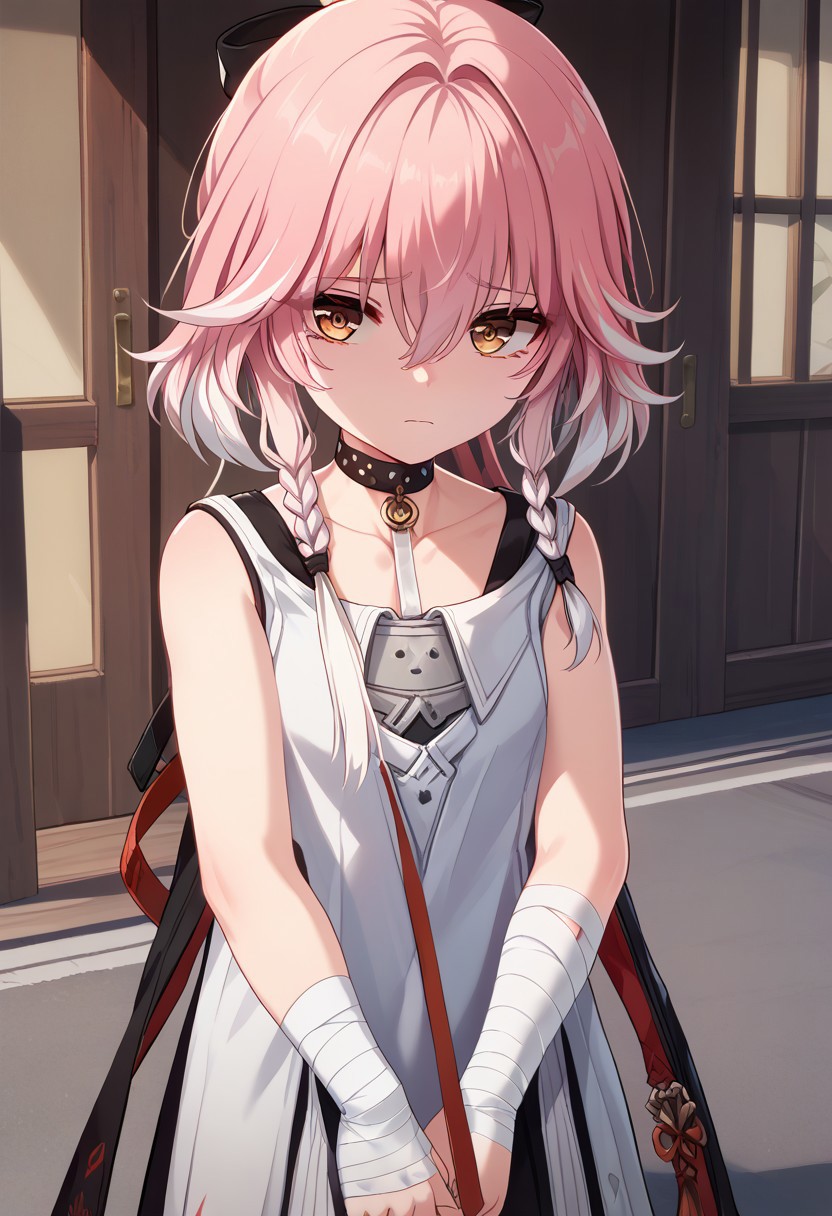 score_9_up, score_8_up, score_7_up, extreamly detailed, beautiful detailed face, complex detailed background, 1girl, BREAK, 
CHANG LI, CHANG LI CHILDHOOD, looking at viewer, bangs, dress, holding, hair between eyes, brown eyes, closed mouth, pink hair, white hair, multicolored hair, sleeveless, choker, bandages, aged down, sad, ice world
