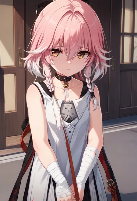 score_9_up, score_8_up, score_7_up, extreamly detailed, beautiful detailed face, complex detailed background, 1girl, BREAK, 
CHANG LI, CHANG LI CHILDHOOD, looking at viewer, bangs, dress, holding, hair between eyes, brown eyes, closed mouth, pink hair, white hair, multicolored hair, sleeveless, choker, bandages, aged down, sad, ice world