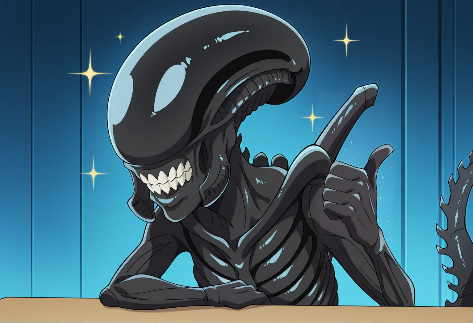 anime screenshot, anime screencap, anime coloring, look_at_my_tsukasa, parody, sparkles, upper body, thumbs up, table, xenomorph, monster, no humans <lora:Look_at_my_Tsukasa_medalist_meme:1>, masterpiece, best quality, amazing quality, very aesthetic, absurdres, highres, newest