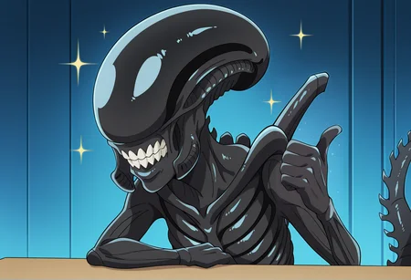 anime screenshot, anime screencap, anime coloring, look_at_my_tsukasa, parody, sparkles, upper body, thumbs up, table, xenomorph, monster, no humans <lora:Look_at_my_Tsukasa_medalist_meme:1>, masterpiece, best quality, amazing quality, very aesthetic, absurdres, highres, newest
