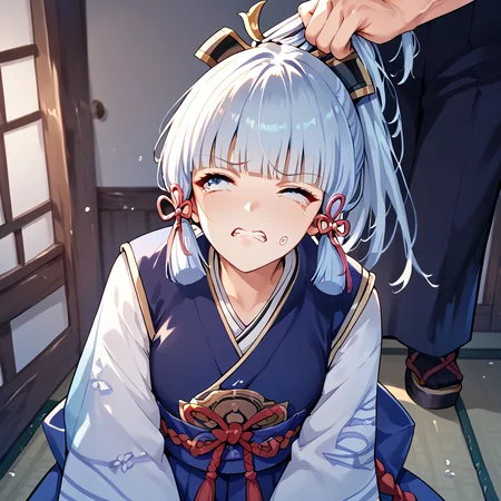 score_9, score_8_up, score_7_up, score_6_up, score_5_up, score_4_up, 1girl, dragging, grabbing another's hair<lora:dragging_with_pulling_hair_v2:1>, kamisato_ayato,  pain, clenched teeth,