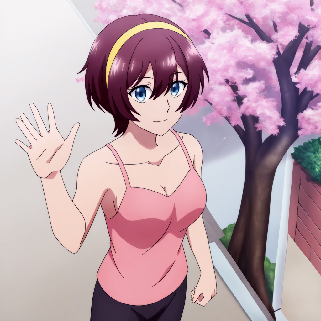 Yuu_Home, 1girl, brown short hair, hair between eyes, blue eyes, medium breasts, collarbone, yellow hairband, bare shoulders, black bike shorts, camisole, pink shirt, sleeveless shirt, cleavage, anime color
 , <lora:Yuu_IL2:1> Residential street with cherry blossom trees in front yards,  light smile,  Standing with one hand waving