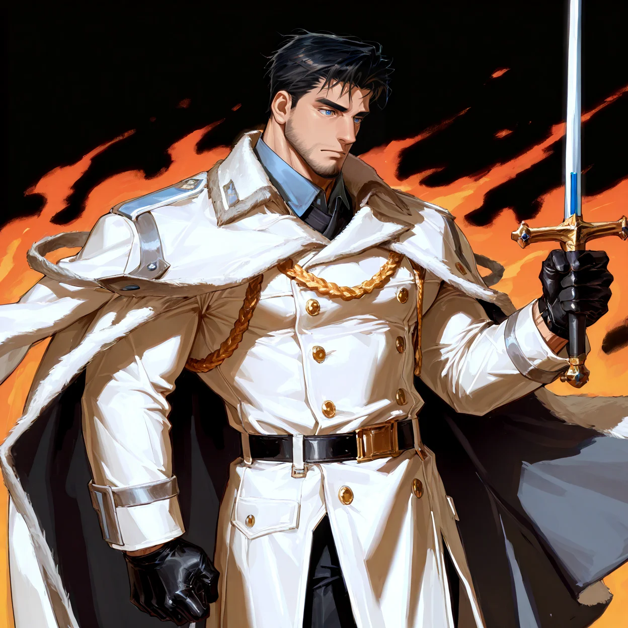 <lora:Gilfred__Alchemist_Code-000003:.7>, tagatamegilfred, gilfred_black hair, gilfred_military suit, 1boy, black hair, short hair, blue eyes, solo, male focus, manly, bara, mature male, muscle body, coat, shirt, gloves, pants, boots,
cowboy shot,
(very short hair, beard, bara, mature, facial hair, stubble, beard, full beard, sideburn, beard, a lot of beard, ), facial hair,male focus, muscular male, muscular male, bara, mature, bara, mature, aixiwuganda_(20222192), very awa, masterpiece, best quality, absurdres, newest, perfect quality, detailed background, intricate details,
<lora:slider_Body Type_alpha1.0_rank4_noxattn_last:3><lora:Anime Summer Days 2 Style SDXL_LoRA_Pony Diffusion V6 XL:.6><lora:slider_cfg_scale_boost:.7><lora:Artist6p:.55>, Artist6p, Artist04p,<lora:slider_il_brightness_slider_d1:-1><lora:slider_il_contrast_slider_d1:-1><lora:slider_DarkSlider1.2_alpha1.0_rank16_full_300steps:-.6><lora:slider_contract_controller_illus01_v1:.5>,