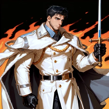 <lora:Gilfred__Alchemist_Code-000003:.7>, tagatamegilfred, gilfred_black hair, gilfred_military suit, 1boy, black hair, short hair, blue eyes, solo, male focus, manly, bara, mature male, muscle body, coat, shirt, gloves, pants, boots,
cowboy shot, 
(very short hair, beard, bara, mature, facial hair, stubble, beard, full beard, sideburn, beard, a lot of beard, ), facial hair,male focus, muscular male, muscular male, bara, mature,  bara, mature, aixiwuganda_(20222192), very awa, masterpiece, best quality, absurdres, newest, perfect quality, detailed background, intricate details,
<lora:slider_Body Type_alpha1.0_rank4_noxattn_last:3><lora:Anime Summer Days 2 Style SDXL_LoRA_Pony Diffusion V6 XL:.6><lora:slider_cfg_scale_boost:.7><lora:Artist6p:.55>, Artist6p, Artist04p,<lora:slider_il_brightness_slider_d1:-1><lora:slider_il_contrast_slider_d1:-1><lora:slider_DarkSlider1.2_alpha1.0_rank16_full_300steps:-.6><lora:slider_contract_controller_illus01_v1:.5>,