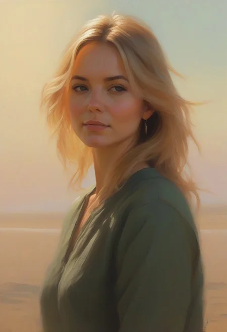 by Ian McQue and Sam Spratt, <lora:EnvyStudioPortraitXL01:0.35> , portrait of leu_hanna2, 25 yo, pointing a to a viewer