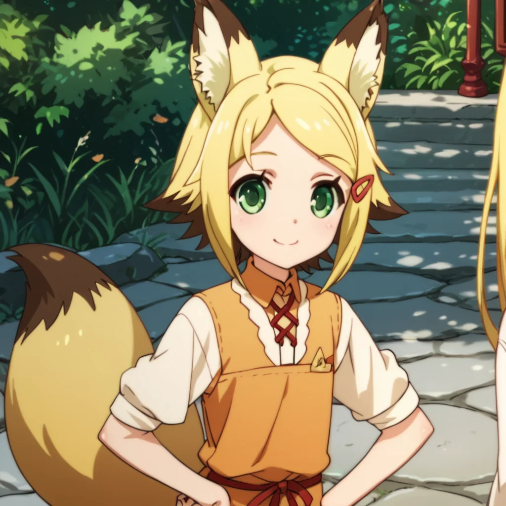 score_9, score_8_up, score_7_up, score_6_up, score_5_up, score_4_up, source_anime, , Lili, blonde hair, green eyes, short hair, fox ears, fox tail, fox girl, , soft smile, standing, hands on hips