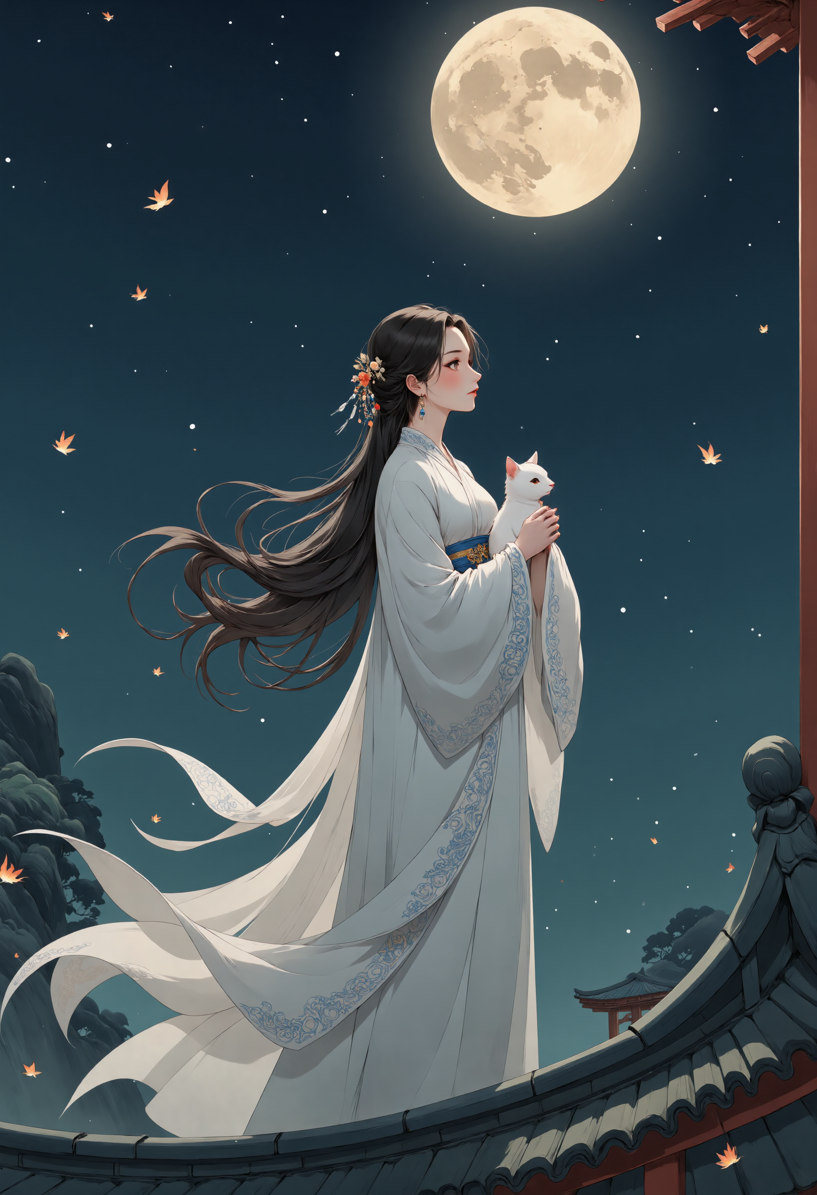 p1nktrad1t10nalch1n3s3styl3, A beautiful traditional Chinese woman stands gracefully on the edge of a roof, her elegant silhouette outlined against the dark night sky. In her arms, she gently cradles a small, adorable cat, both of them gazing up at the full, round moon that illuminates the heavens with a soft, ethereal glow. Her delicate robes, embroidered with intricate patterns, flow gently in the night breeze, catching the faint light of the moon. The womanâs serene expression reflects a quiet sense of contemplation as she stands in harmony with her feline companion, both lost in the peaceful beauty of the moonlit night. The moment is filled with a sense of longing and timeless beauty as they silently share the tranquility of the scene  <lora:Chinese_Traditional_Painting_no_captions:0.8>   <lora:Ethereal_EasternV2:0.55>