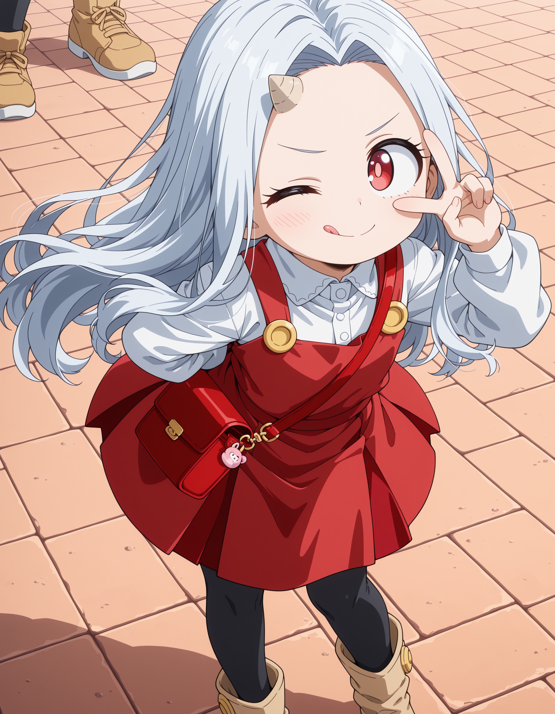 ultra-detailed, ultra-detailed eyes, ultra-detailed fingers, ultra-detailed hands, anime screencap, anime coloring, round face, cute face, cute, adorable, moe, outdoors,
1girl, Eri, child, white hair, long hair, red eyes, light pupils, single horn, red dress, white shirt, long sleeves, black leggings, beige boots, red purse,
v over eye, legs apart, licking lips, leg up, (v-shaped eyebrows, one eye closed:1.1), bent over,
<lora:spo_sdxl_10ep_4k-data_lora_webui_482964:1>, <lora:add-detail-xl:1>, <lora:Eri_-_My_Hero_Academia__Boku_no_Hero_Academia_-_Illustrious:1>,
masterpiece, best quality, amazing quality, very aesthetic, absurdres,