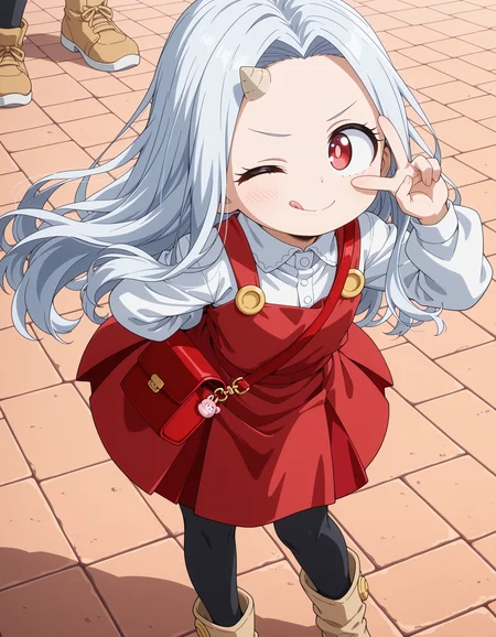 ultra-detailed, ultra-detailed eyes, ultra-detailed fingers, ultra-detailed hands, anime screencap, anime coloring, round face, cute face, cute, adorable, moe, outdoors,
1girl, Eri, child, white hair, long hair, red eyes, light pupils, single horn, red dress, white shirt, long sleeves, black leggings, beige boots, red purse,
v over eye, legs apart, licking lips, leg up, (v-shaped eyebrows, one eye closed:1.1), bent over,
<lora:spo_sdxl_10ep_4k-data_lora_webui_482964:1>, <lora:add-detail-xl:1>, <lora:Eri_-_My_Hero_Academia__Boku_no_Hero_Academia_-_Illustrious:1>,
masterpiece, best quality, amazing quality, very aesthetic, absurdres,