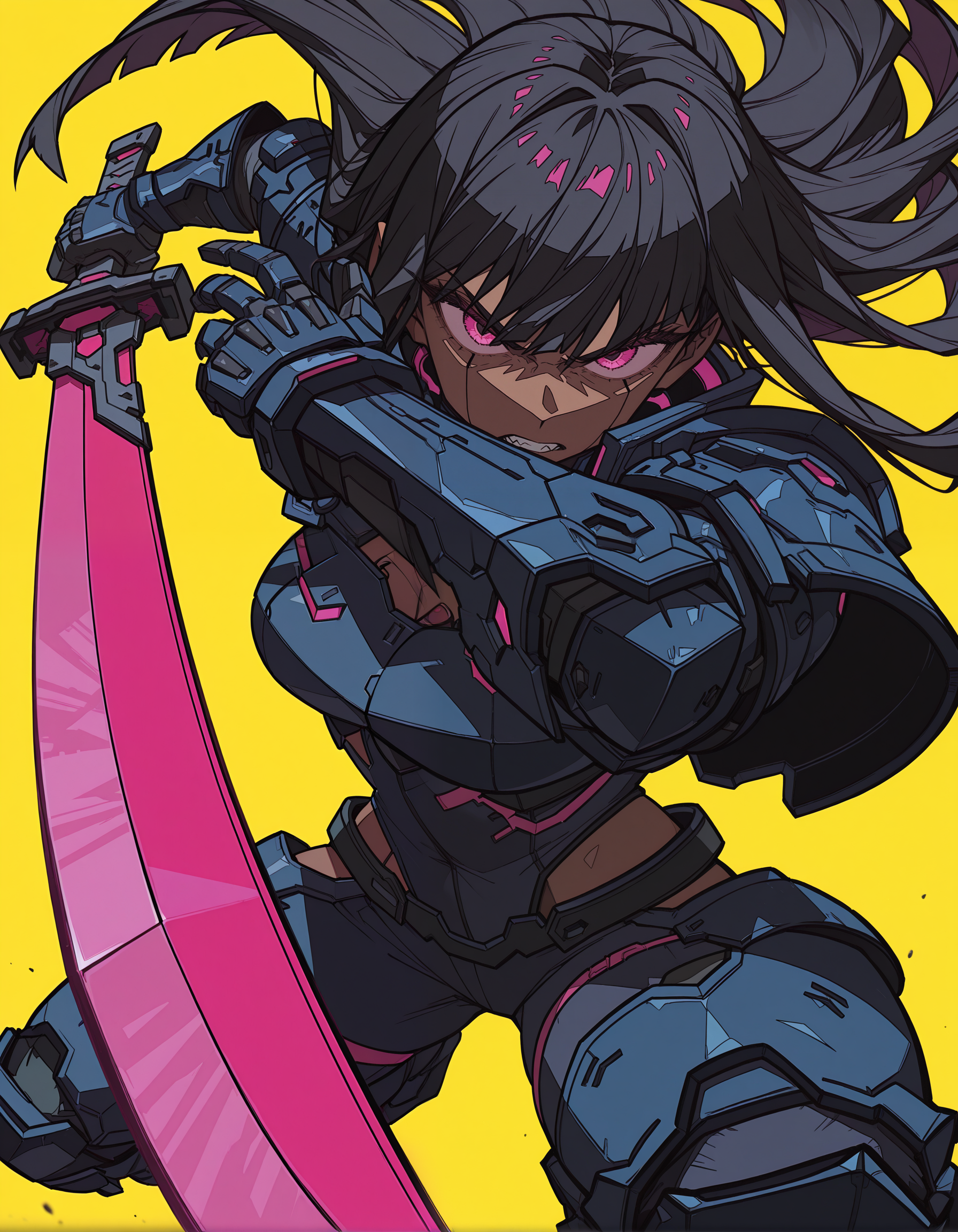 incredibly absurdres, masterpiece, absurdres, high quality,7A3IFRHPR_illu, <lora:hwm4to7A3IFRHPR:1>,Anime warrior girl, dark skin, glowing pink eyes, long black hair,holding sword,  intricate armor, futuristic cyberpunk design, blue and pink accents, sword, metallic details, dynamic pose, intense expression, yellow background, sharp angular style, high contrast, detailed illustration, digital art