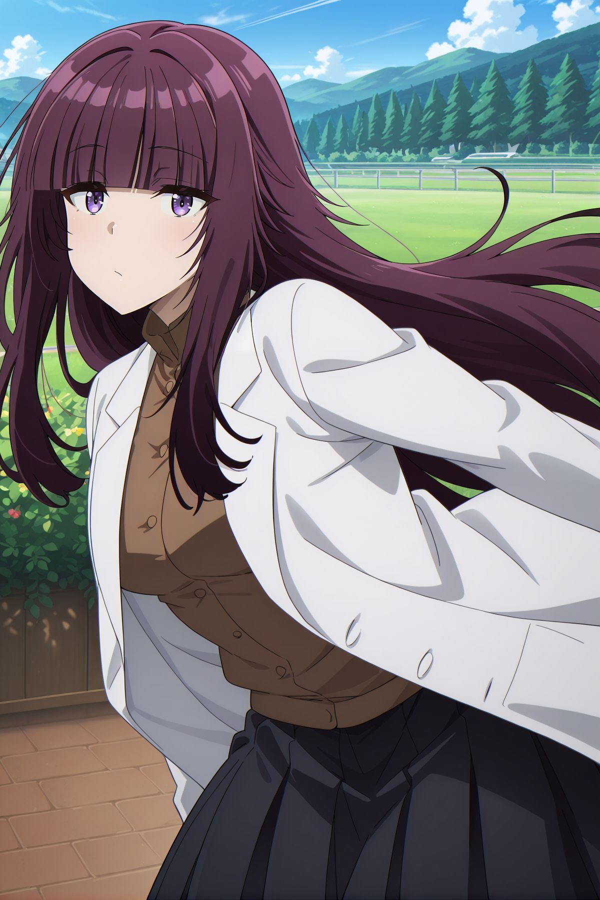 absurdres, highres, masterpiece, best quality, amazing quality, official anime artwork, screencap, anime screencap, outdoors, dynamic pose, standing, day, 
<lora:Eta_Illustrious:1> Eta, 1girl, solo, purple eyes, purple hair, long hair, blunt bangs, sidelocks, pointy ears,, brown sweater, white coat, lab coat, open coat, black skirt, long skirt, pleated skirt,