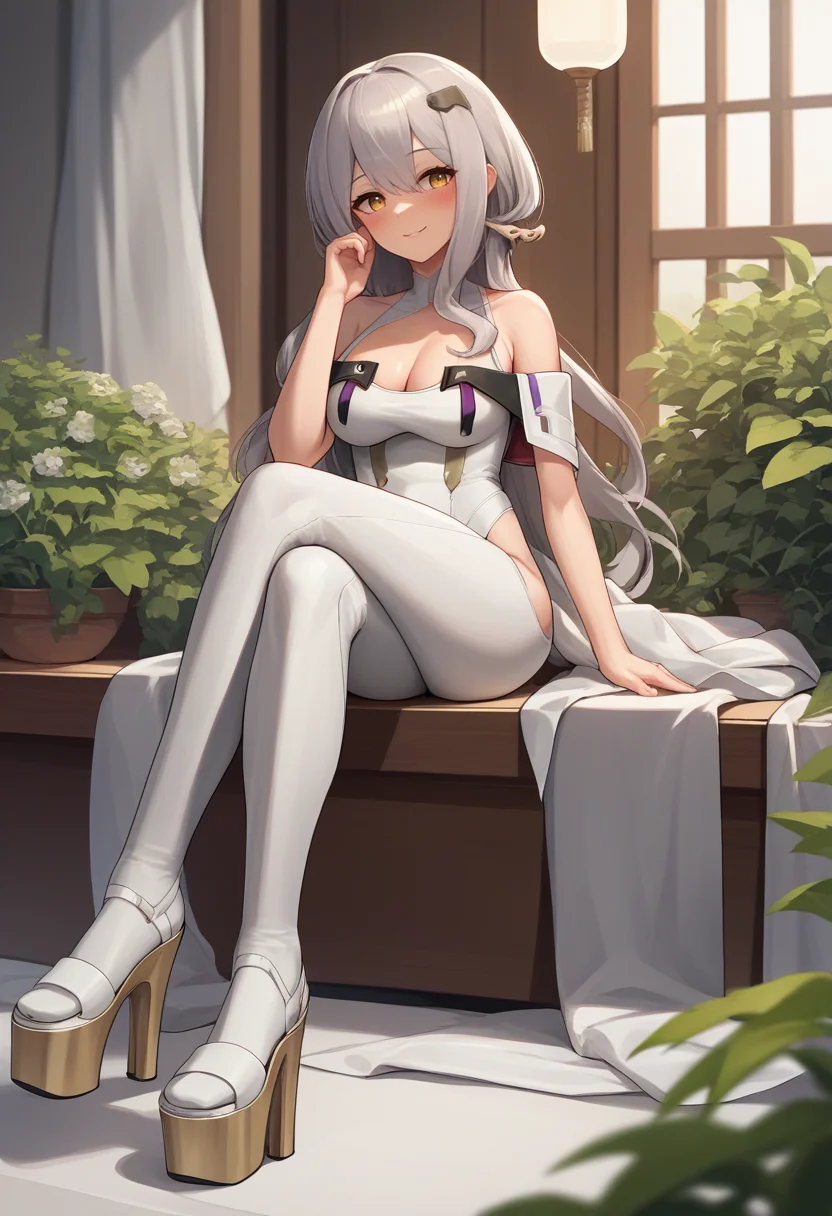score_9, score_8_up, score_7_up, source_anime, BREAK 1girl, solo, <lora:scarlet-nikke-richy-v1_pdxl:1> scrltdef, yellow eyes, long hair, grey hair, hair ornament, white leotard, cleavage, bare shoulders, white legwear, platform heels, sitting, crossed legs, smile, blush