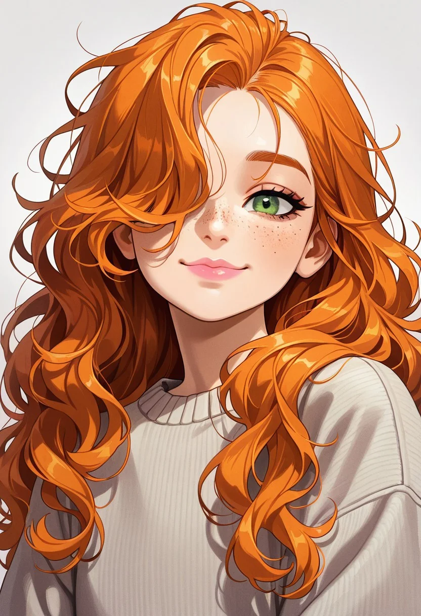 1girl, fhb, extremely detailed, detailed face, detailed clothes, detailed eyes, green eyes, make up, looking at viewer, closed mouth, smiling, pink lips, puffy lips, dark orange hair, wavy hair, long hair, hair covering one eye, detailed hair texture, detailed hair shading, blonde hair highlights, freckles, detailed freckles, light gray sweater, medium shot
,masterpiece,best quality,amazing quality,