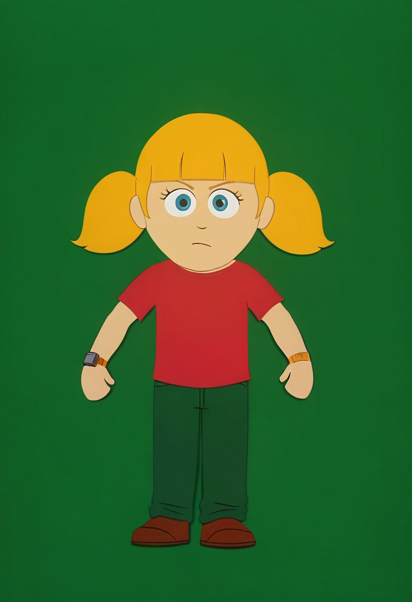 score_7_up, BREAK, penny \(inspector gadget\), 1girl, solo,blonde hair, twintails, blunt bangs, blue eyes, red shirt, green pants, reinforced knee, brown shoes, wristwatch, reinforced knee, chibi, SPstyle, source_cartoon, 2D