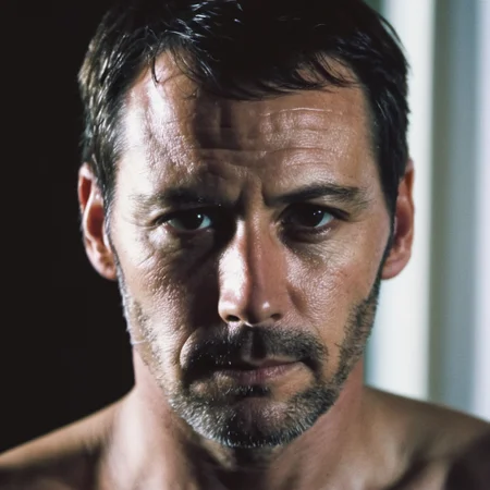 dark shot, photo of 41 y.o man, skin moles, short hair, looks at viewer, cinematic shot, hard shadows