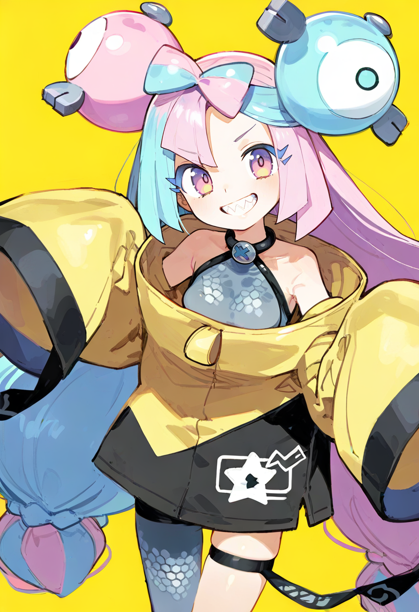 1girl,iono \(pokemon\),solo,jacket,hair ornament,teeth,yellow jacket,pink hair,multicolored hair,smile,single leg pantyhose,sleeves past fingers,long hair,sharp teeth,character hair ornament,sleeves past wrists,bow-shaped hair,yellow background,grin,pantyhose,shirt,sleeveless shirt,two-tone hair,thigh strap,looking at viewer,grey pantyhose,sleeveless,oversized clothes,very long sleeves,simple background,pink eyes,grey shirt,hexagon print <lora:n_XL_NBVP1_lokr_V6311PZ:0.95>