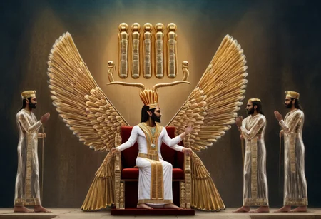 A majestic pharaoh with face of Cyrus the great sits in golden regalia sits illuminated by warm sunlight, cobra crown gleaming, on an ornate throne. Hieroglyph-covered columns tower behind, priests bow reverently. Hyper-realistic rendering with dramatic lighting, rich textures, and historically accurate Egyptian details. gold scrollwork, novuschroma style