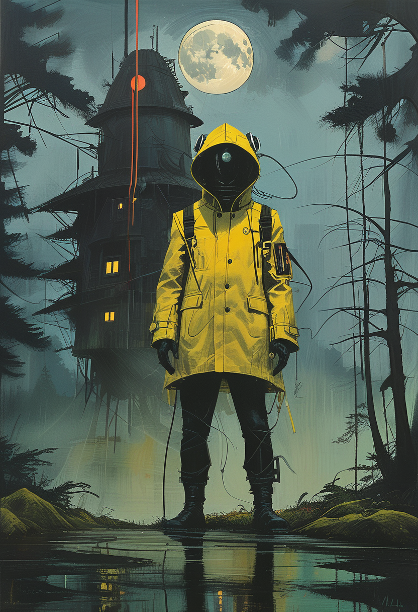 landscape, futuristic and dark building, mist, primary forest in the background,, , oil painting, full moon, complementary colors, dynamic framing, man in raincoat, masterpiece,  ssta, style of Jim Mahfood,