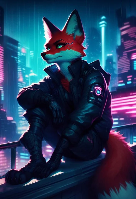 score_9, score_8_up, score_7_up, foxfolk, a cyberpunk bounty hunter, cyberware, perched on a roof top, rainy night in a cyberpunk city,