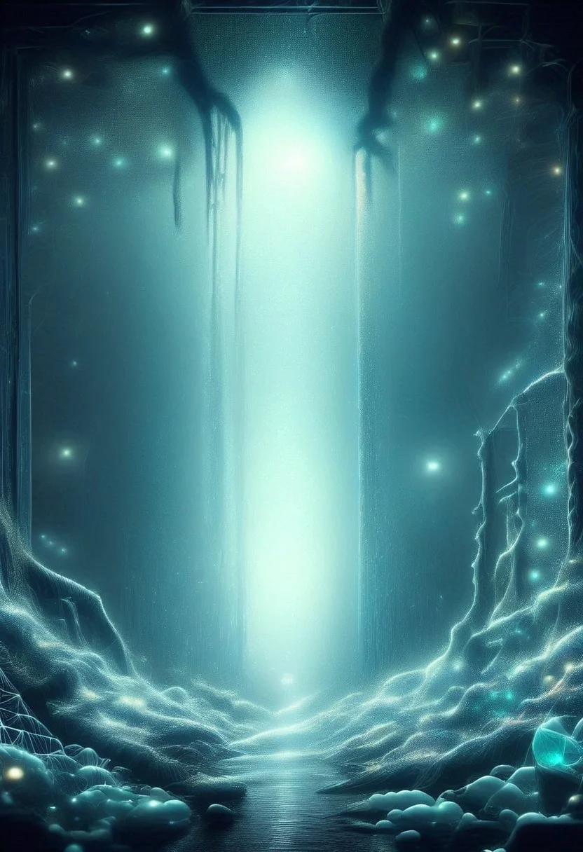 A weird creature made of peacock in a beautiful cave, sunrise, light roams through the cave and creates reflections in the snow, theW3iRDi3Sv2, starry_morph