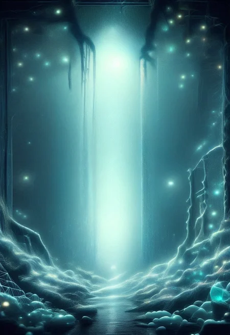 A weird creature made of peacock in a beautiful cave, sunrise, light roams through the cave and creates reflections in the snow, theW3iRDi3Sv2, starry_morph