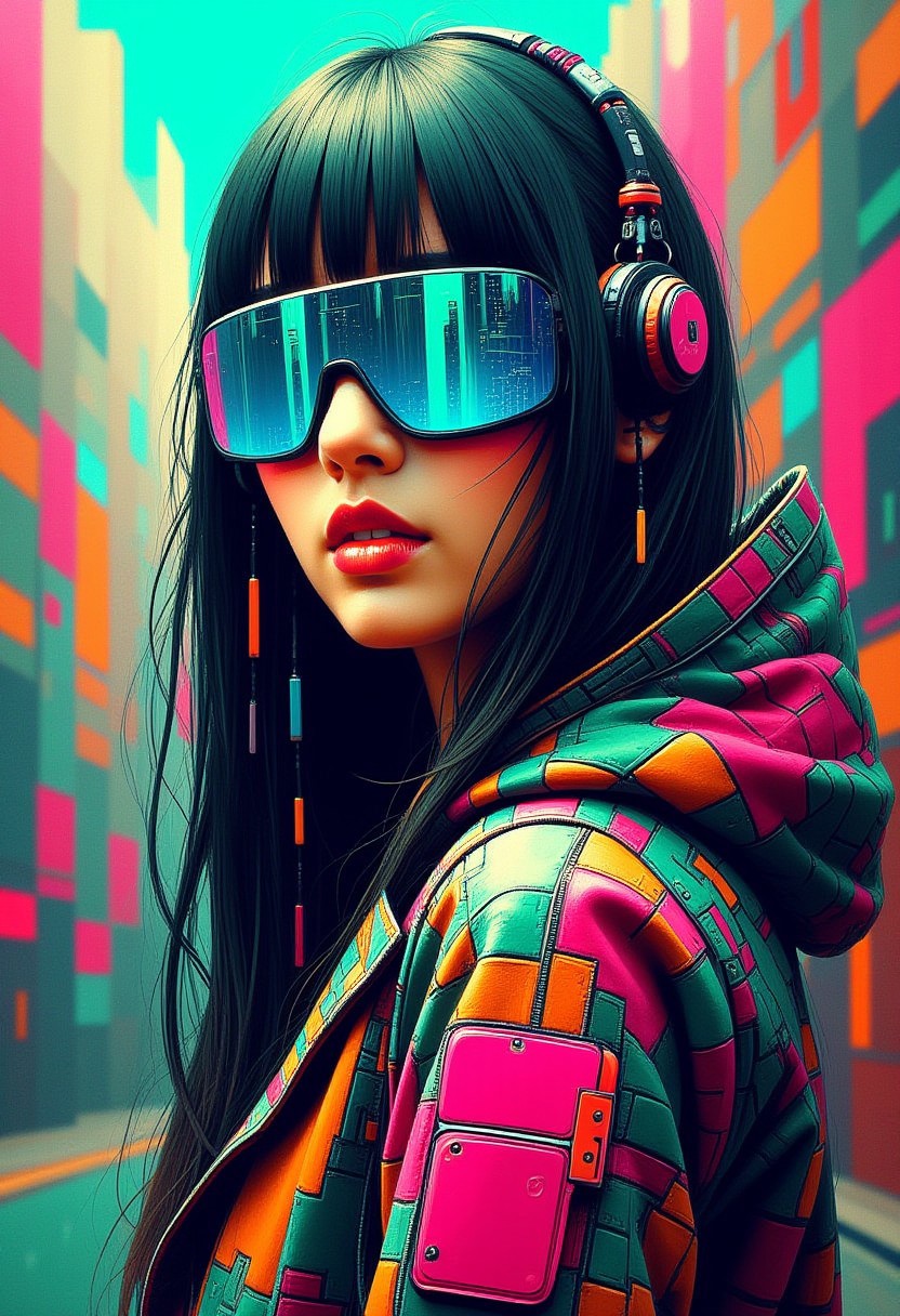 masterpiece, ((inkpunk cell-shaded style)), realistic painting, portrait of a beautiful cyberpunk girl, mad-cybrpnkimprss, abstract background of cyberpunk street