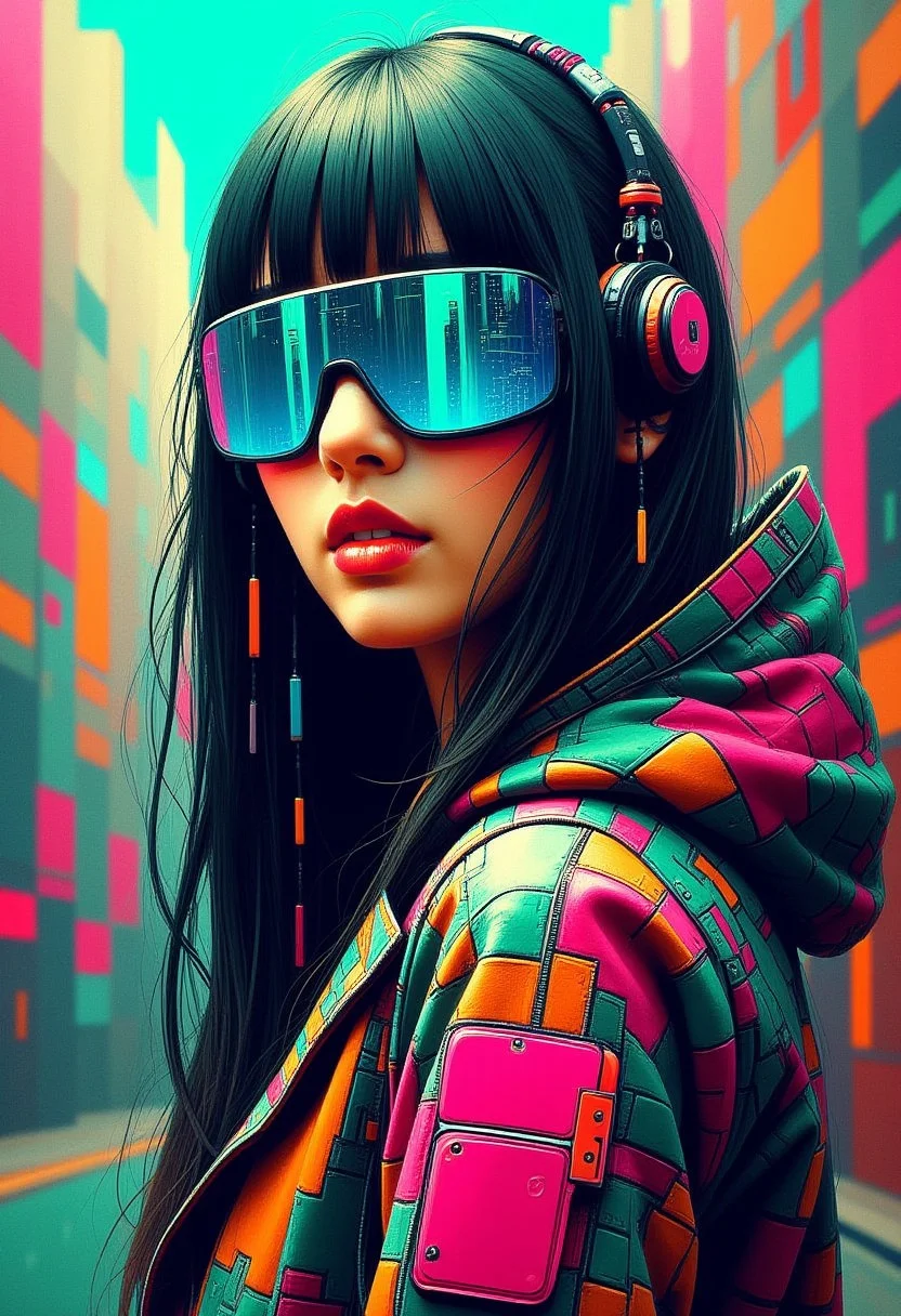 masterpiece, ((inkpunk cell-shaded style)), realistic painting, portrait of a beautiful cyberpunk girl, mad-cybrpnkimprss, abstract background of cyberpunk street