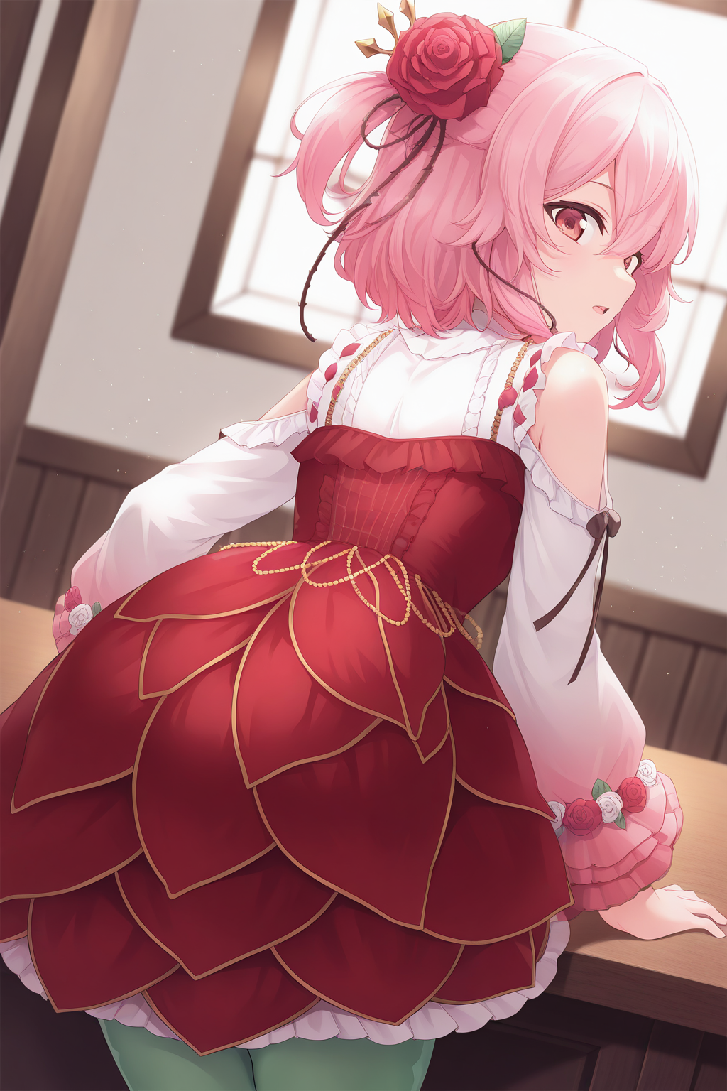 1girl, RL1stHairstyle, RL1stCostume,
general, solo, perspective, dynamic angle, from behind,
short hair, pink hair, red eyes, 
hair flower, red dress, shirt, shoulder cutout, puffy long sleeves, white rose, green pantyhose,
leaning forward, arm support, open mouth, looking back,
depth of field,
<lora:kp_RosemiLovelockNijisanjiIllustrious_v1_0:1.0>,
masterpiece, best quality, amazing quality