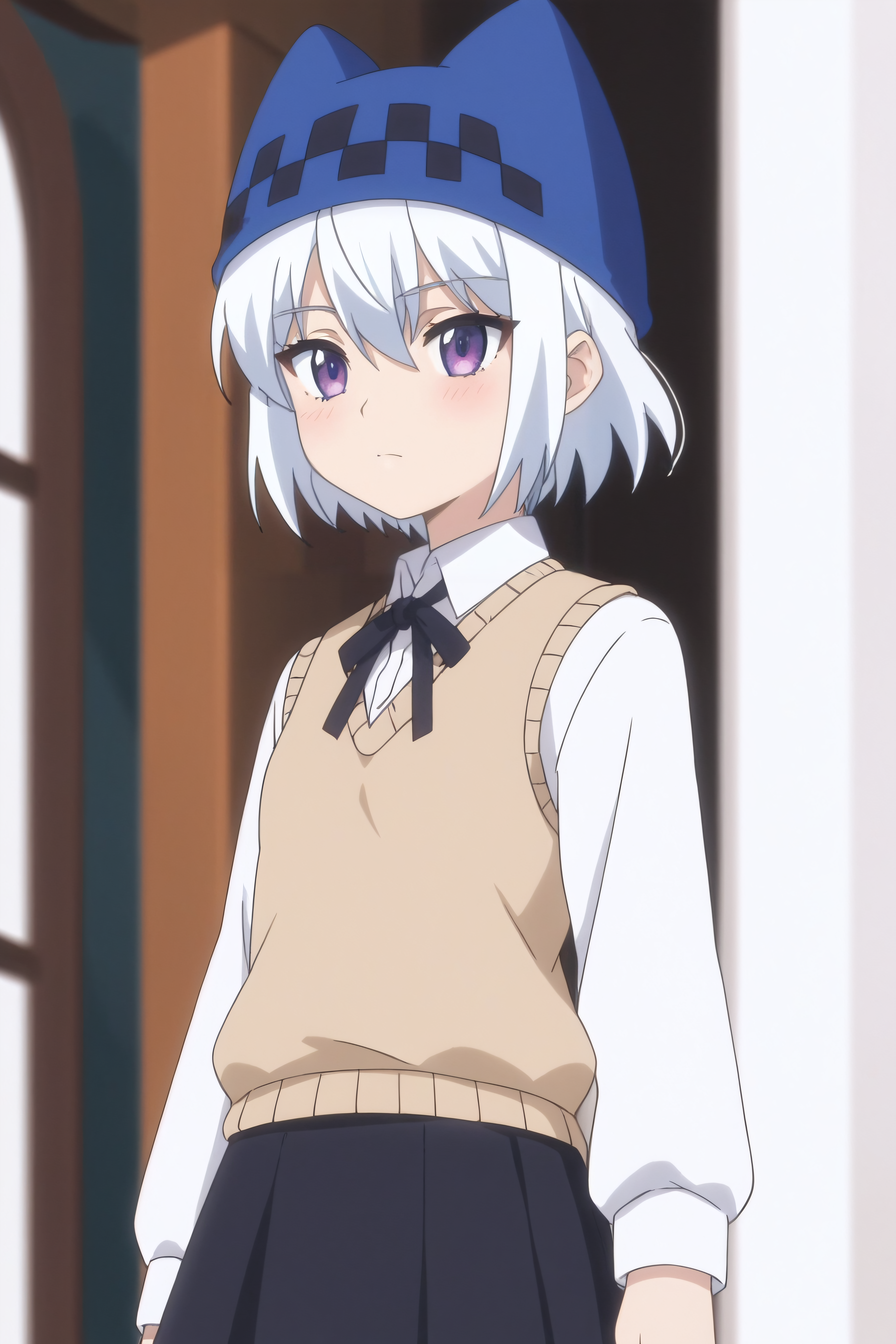 score_9, score_8_up, score_7_up, source_anime, <lora:Athena-PonyXL-lora-Faxtron:0.8> athena, purple eyes, white hair, short hair, hat with ears, beige sweater vest, white shirt, black neck ribbon, long sleeves, black skirt, blue thighhighs, standing, anime screencap,